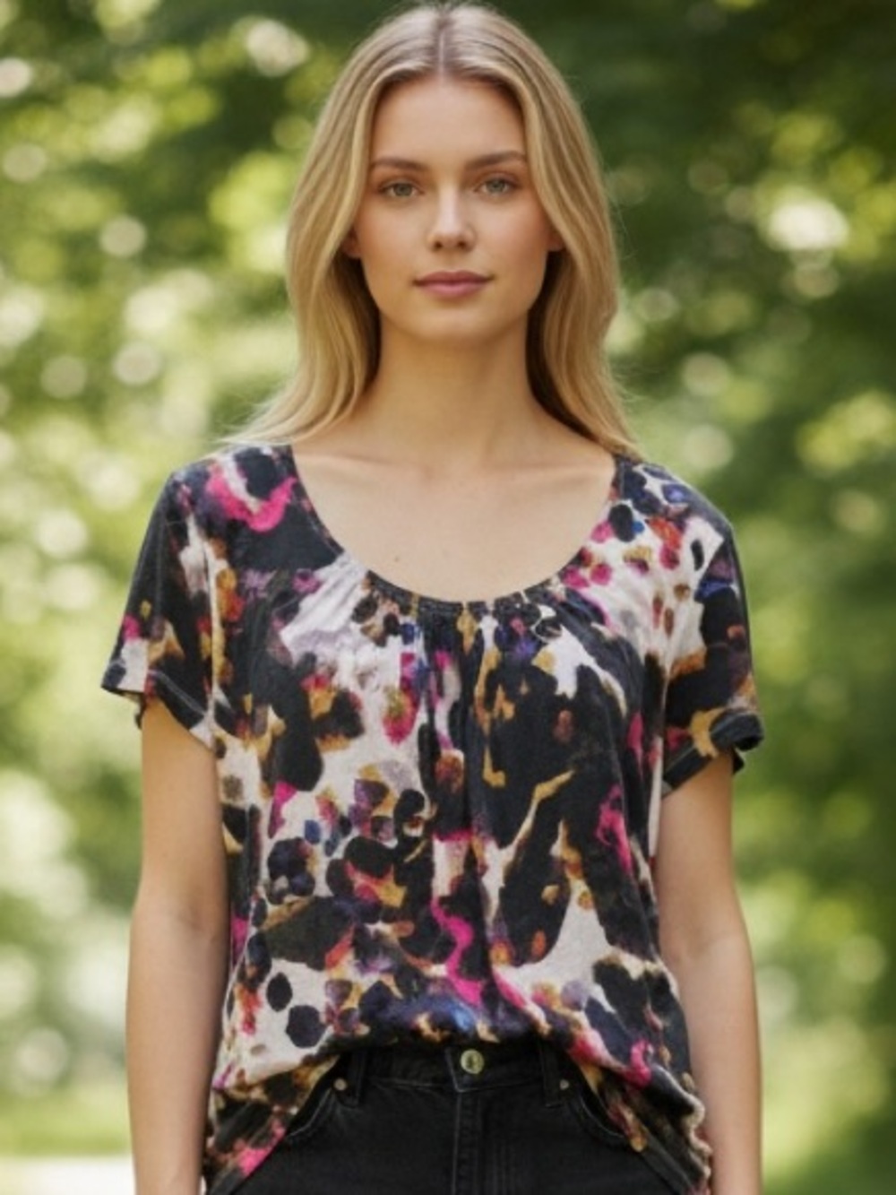 DAISY FUENTES ABSTRACT WATERCOLOR RUCHED SCOOP NECK PULLOVER TOP Size XL